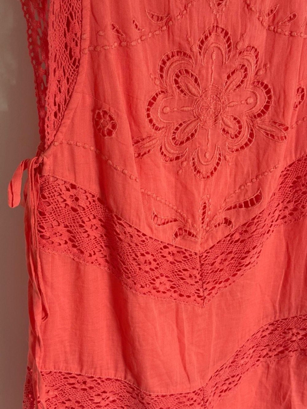 Free People Winifred Mini Dress Red Guava Coral Lace Tassel 100% Cotton Small - Picture 8 of 15